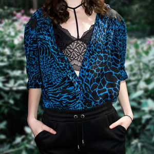 80's Blue Animal Print Blouse